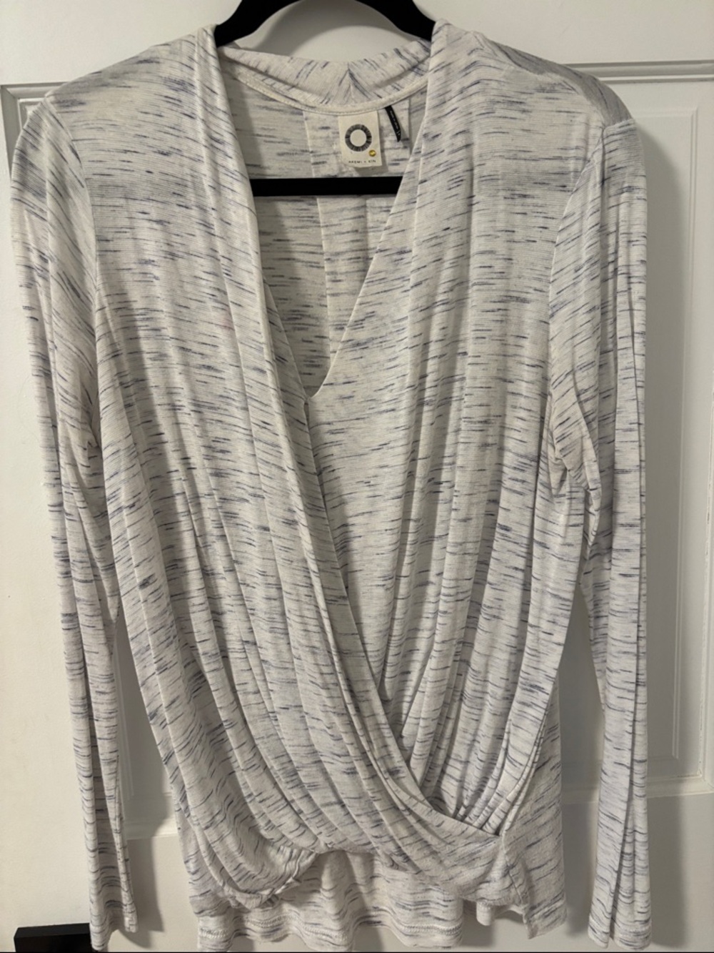 Anthropologie White and Light Gray Space-Dye Wrap Long-Sleeve Top